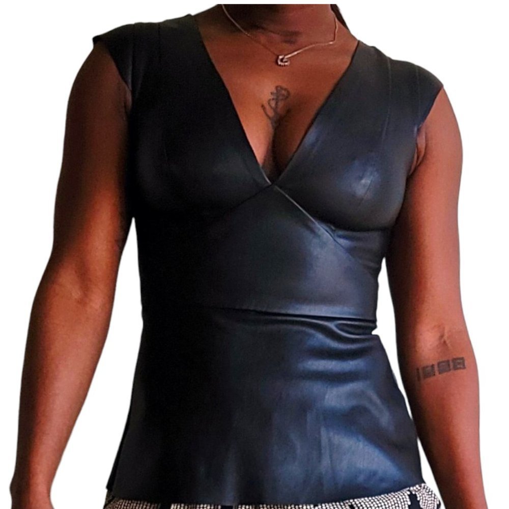DYNAMITE Black Faux Leather Peplum Top Size XS